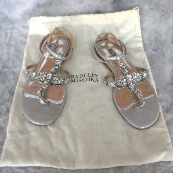 Badgley Mischka Melinda II Embellished Crystal Evening Sandals w/ bag | Silver 7 - Picture 2 of 13